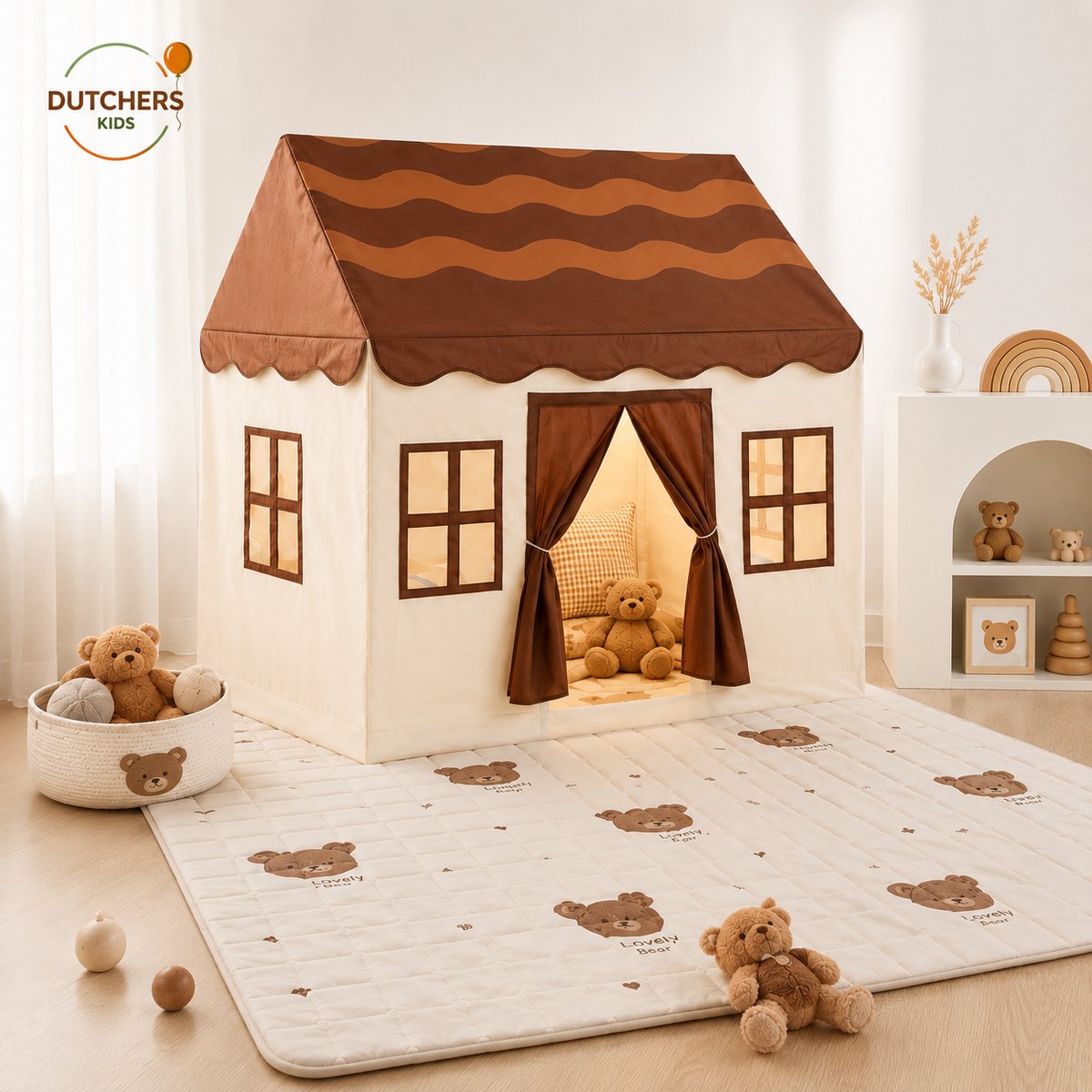 Dutchers® Speeltent + Speelkleed - Kindertent - Jongens & Meisjes - Speelhuis - Tipitent - Speelhuisje - Speel Tent - Binnentent - Inclusief Speelmat - Chocoladebruin