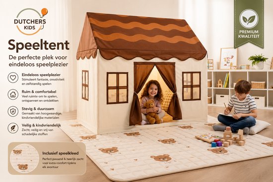 Dutchers® Speeltent + Speelkleed - Kindertent - Jongens & Meisjes - Speelhuis - Tipitent - Speelhuisje - Speel Tent - Binnentent - Inclusief Speelmat - Chocoladebruin van Dutchers.® — afbeelding 2