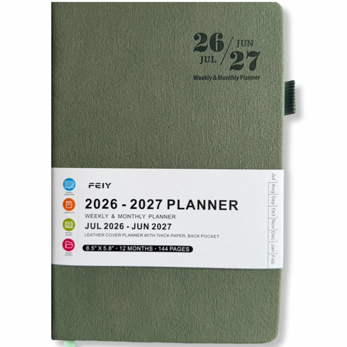 Feiy Green Agenda - 2026-2027 - A5 formaat Schoolagenda - 1 week op 2 pagina's - Harde kaft - Met Elastiek