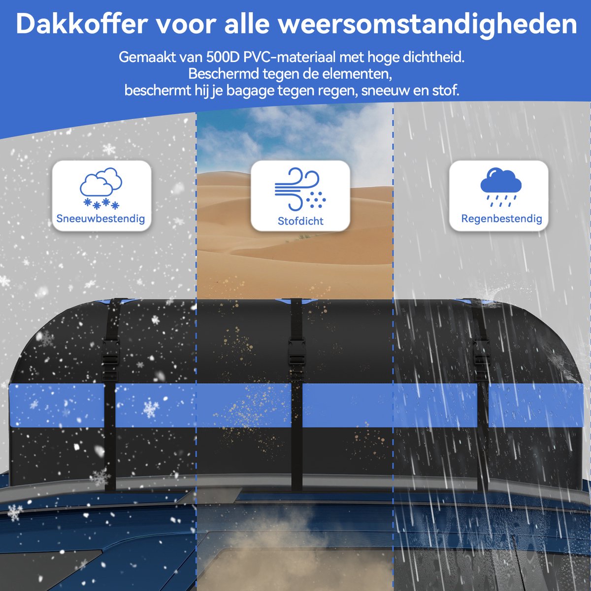 Puluomis - 600L Dakkoffer - Waterdicht - 500D PVC materiaal - 8 riemen - 6 haken - Geschikt voor alle voertuigen met/zonder dakdrager - Inclusief antislipmat - Zwart-blauw – foto 5