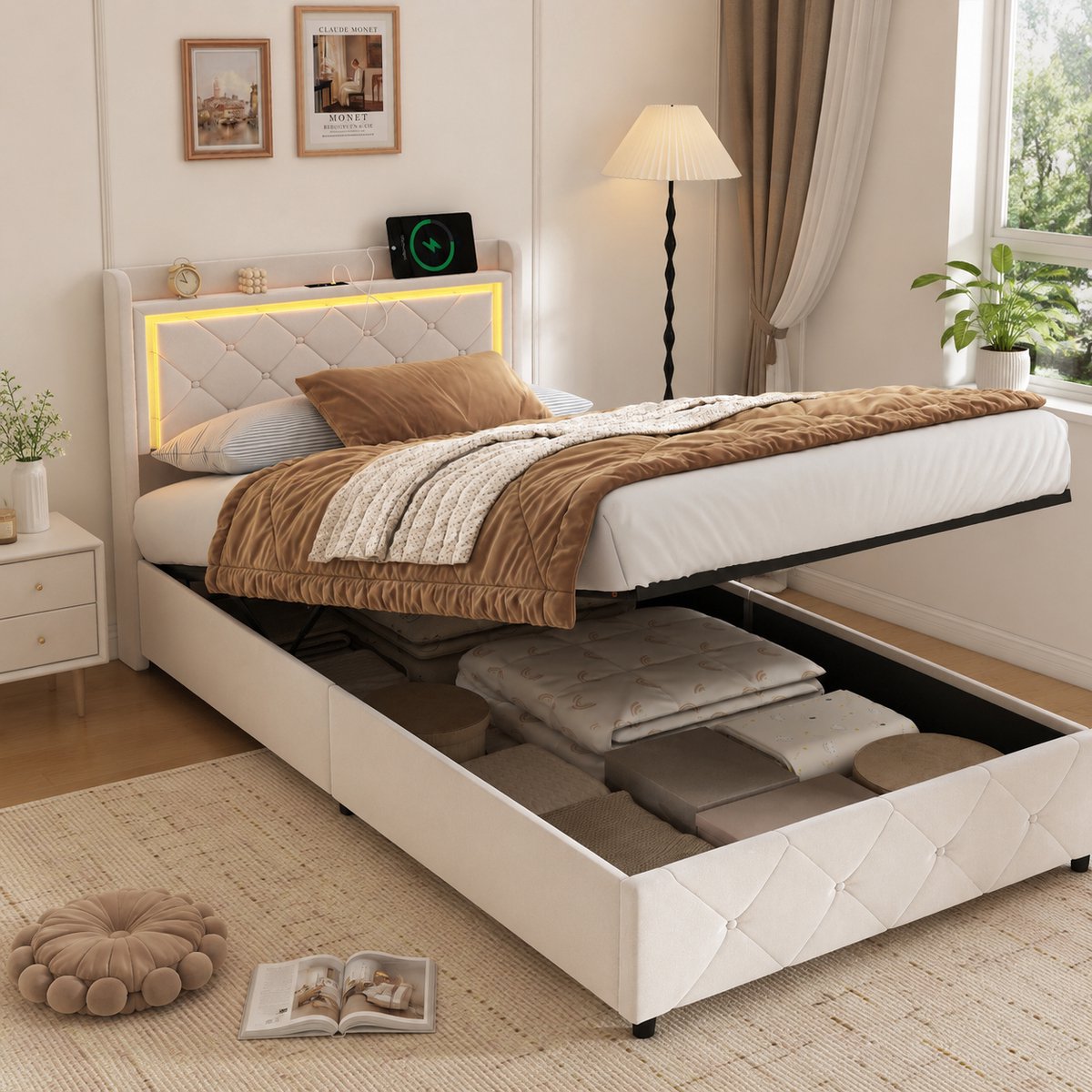 MEXUS Opbergbed 90x200 cm, met ledverlichting en USB-poort, gestoffeerd frame, opbergruimte en hoofdbord, eenpersoonsbed, lattenbodem, kinderbed, Fluweel, Beige
