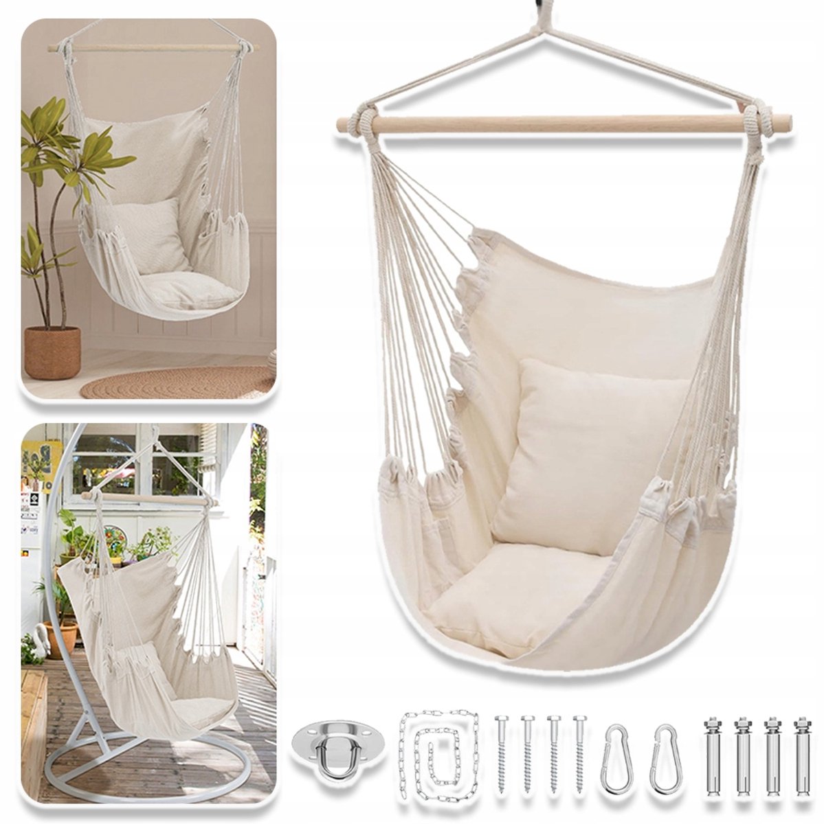 Hangstoel - Hangende Schommelstoel Van Touw Met 2 Kussens - Macrame Hangstoel Zijvak Met Hoge Draagkrachtige Metalen Staaf - Voor Binnen Buiten Extra Comfortabel