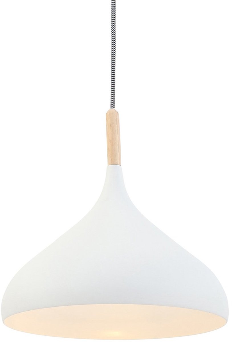 Witte Scandinavische hanglamp Bjorr 7730W Ø33cm van Mexlite - Hoogte instelbaar, Hout en Metaal, Geschikt voor binnengebruik