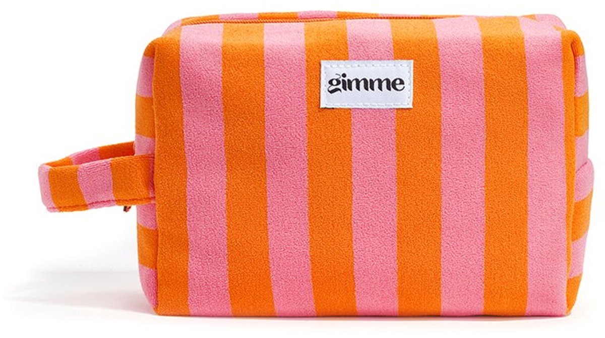 Oranje/roze gestreepte toilettas en make-uptas - Ruime Toilettas met Ritssluiting en lus - badstof tasje - 22 x 14 x 9 cm