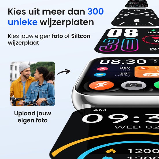 Siltcon Smartwatch Pro met diverse wijzerplaten. Mogelijkheid om eigen foto te uploaden als achtergrond.