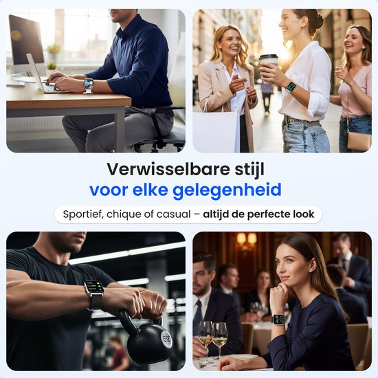 Collage van mensen die de Siltcon Smartwatch Pro dragen bij verschillende gelegenheden: werk, uitgaan, sporten en diner.