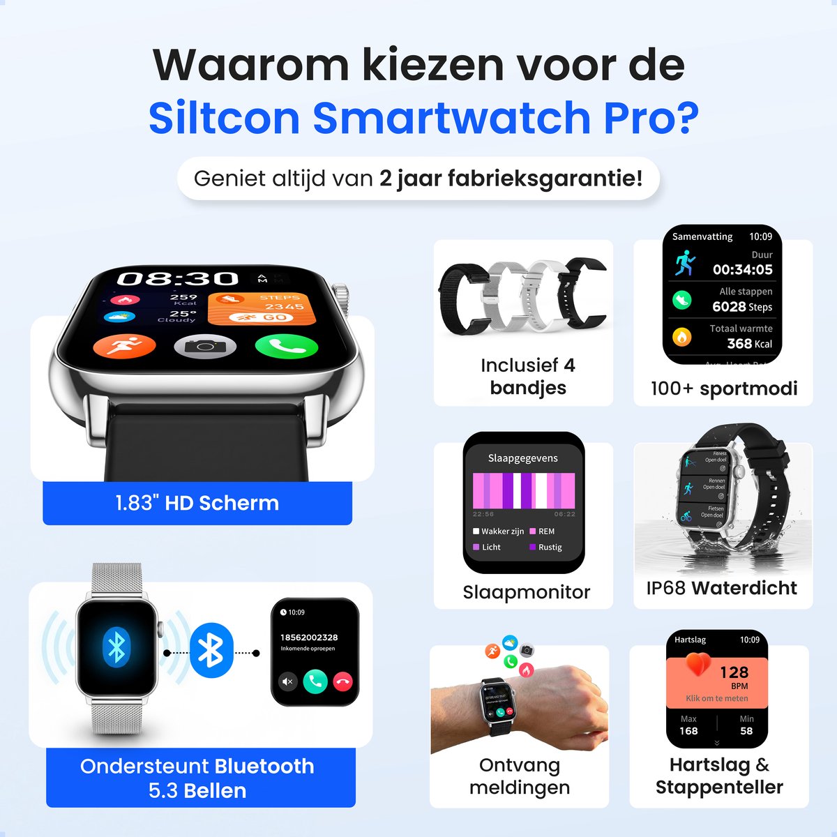 Siltcon® Smartwatch Dames Pro - Smartwatch Heren Pro - Sporthorloge Dames & Heren - Stappenteller Horloge - Hartslagmeter – Bloeddrukmeter - Slaapmonitor - Saturatiemeter - Belfunctie - Elke Smartphone - RVS - Incl. 4 Bandjes - Zilver – foto 2