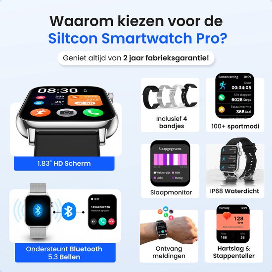Siltcon Smartwatch Pro met 1.83" HD scherm, 4 bandjes, stappenteller, slaapmonitor en IP68 waterdichtheid.