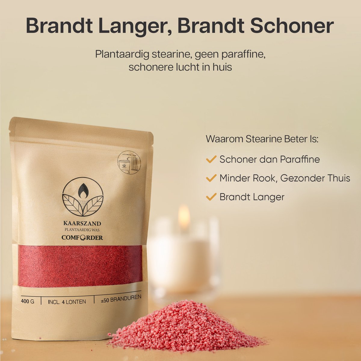 Comforder Kaarsenzand Set - Amber Geur 400g - Kaarsen maken voor Volwassenen - Kaarszand Was & Kaarsenwas - Burning Sand Wax - Geurkaars Zand - Candle Making DIY Kit - 4 lonten & 50 Branduren — afbeelding 7