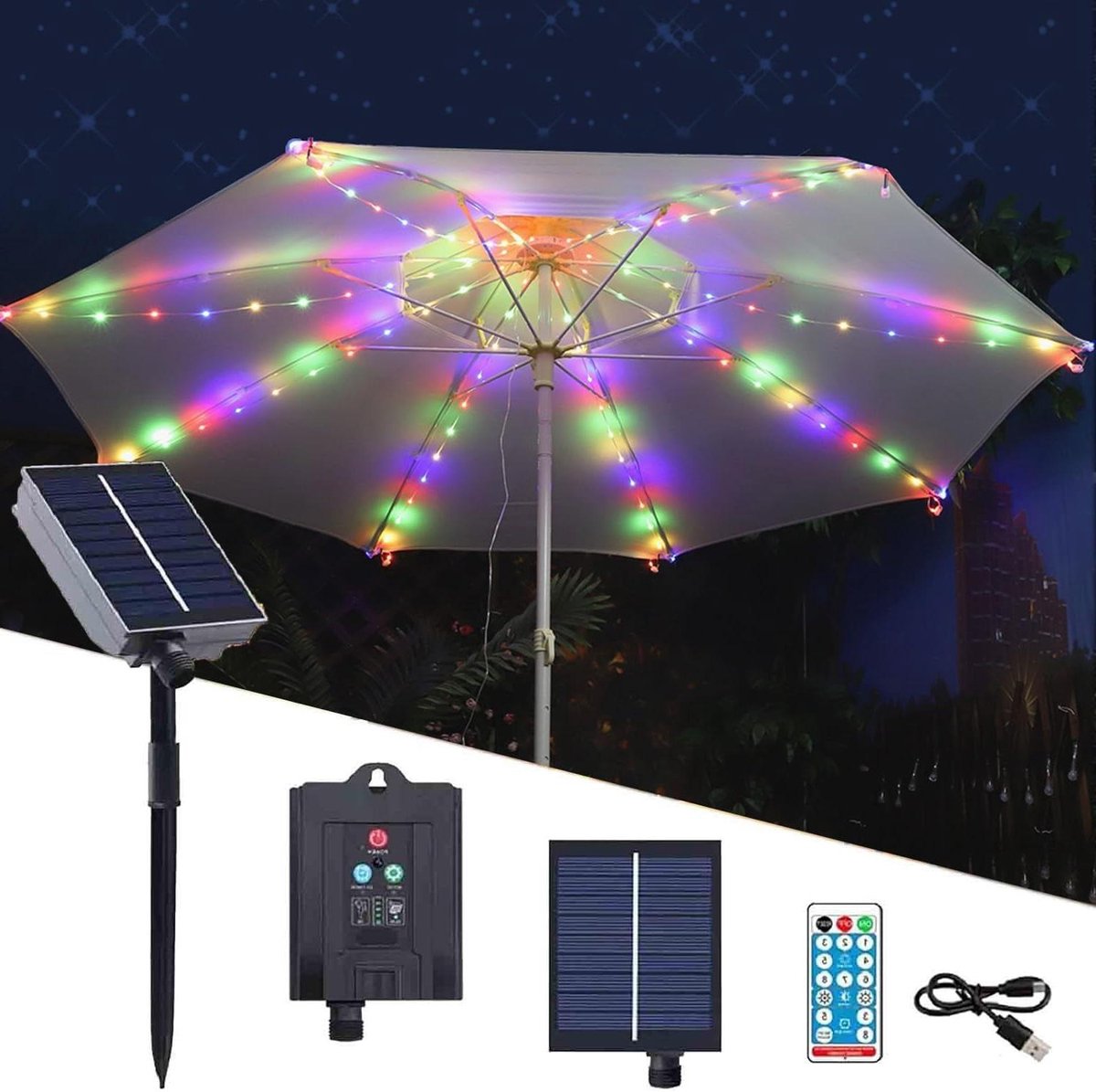 Zonne-buitenlamp - Tuinparasol LED - Feestelijke sfeer - Verbeterd zonnepaneel - 104 Lampj