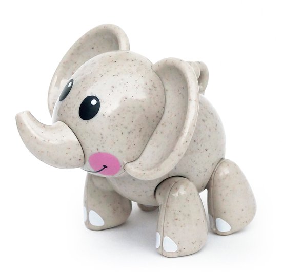 Lichtgrijze olifant speelgoed met bruine spikkels, roze wangen en witte hoeven.