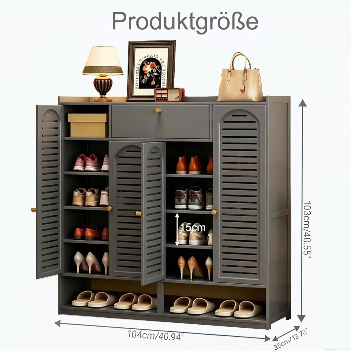 Schoenenkast met Rolluikdeur 104 x 35 x 103 cm - Bamboe Schoenenrek met 7 Verdiepingen - Opbergkast voor 30 Paar Schoenen - Smalle Schoenenorganizer voor Hal, Entree en Woonkamer - Grijs - Mobili Bella