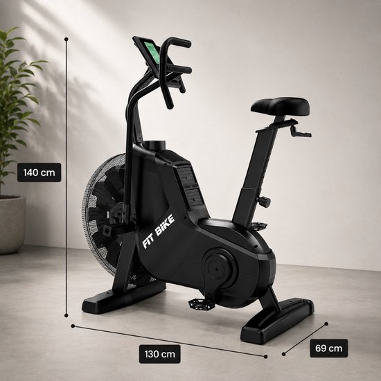 Zwarte FitBike 'The Beast' airbike met duidelijke afmetingen 140x130x69 cm.