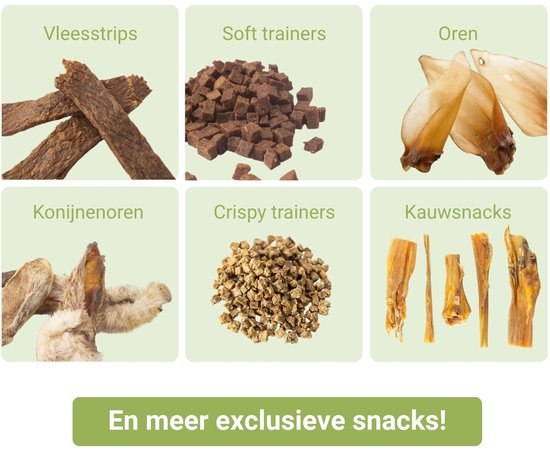 Zes vakken met hondensnacks: vleesstrips, soft en crispy trainers, oren, konijnenoren, kauwsnacks.