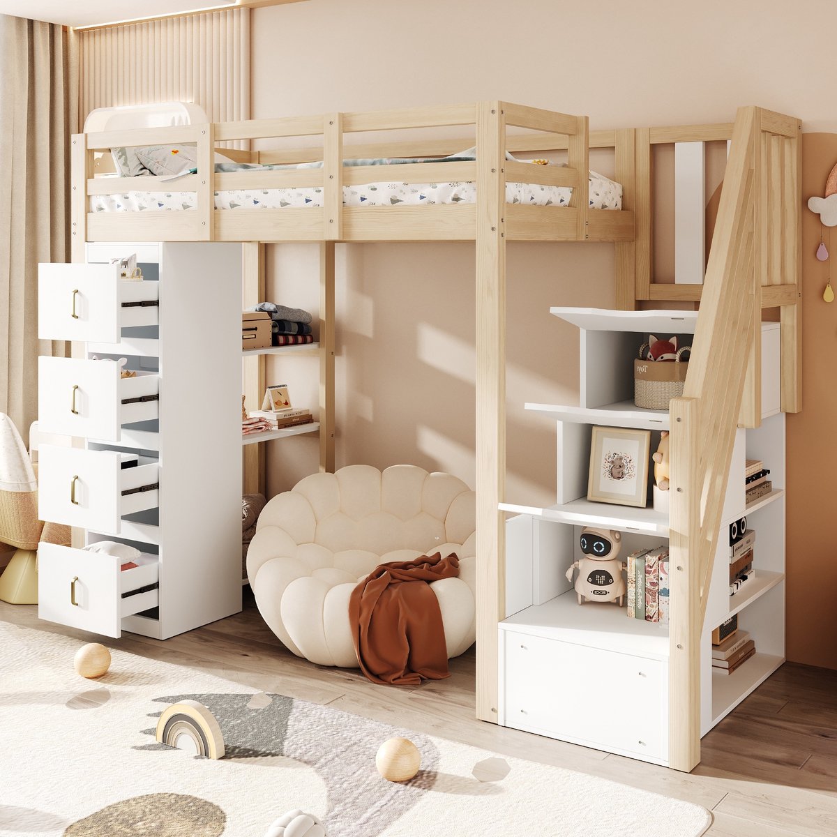 Sweiko Hoogslaper - 90 x 200 cm - 4 lades - Opbergplank - Kinderbed - MDF - Wit + Naturel