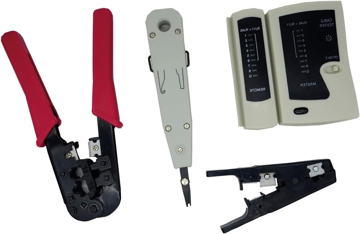 Netwerk Gereedschap Set - Kabel Tool Kit - Netwerk Installatie - Met Kabel Tester - 4 Delig - Zwart