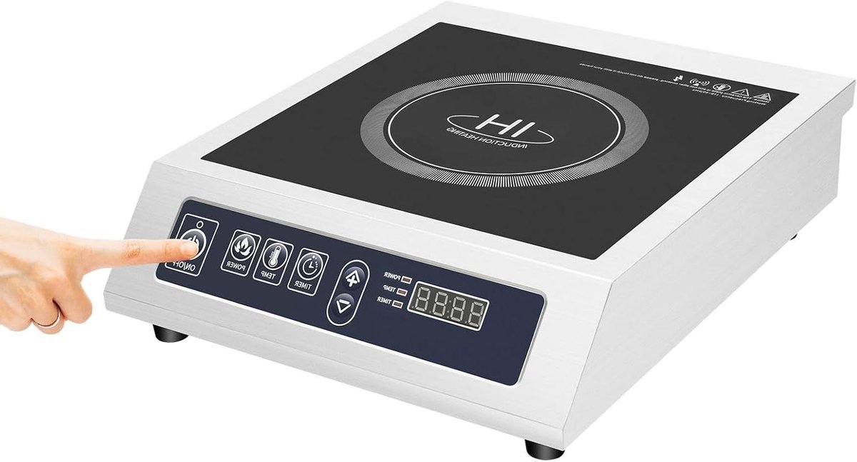 Commerciële inductiekookplaat 3500 W met 24-uurs timer, commerciële inductiekookplaat met 10 temperatuurniveaus en 11 vermogensniveaus voor restaurant, hotpot en huiskeuken (roestvrij staal)