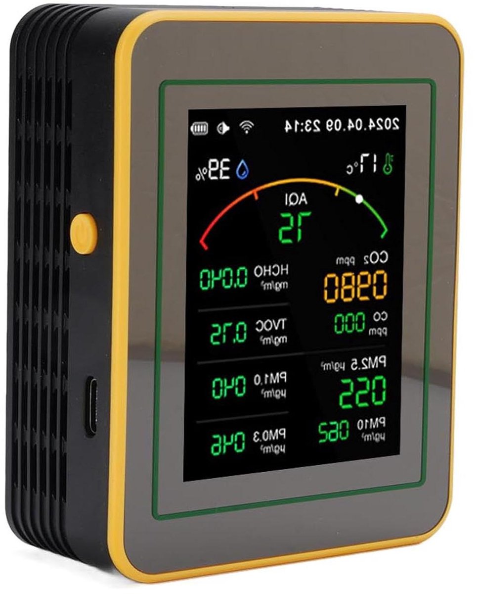 Luchtkwaliteit Detector - Luchtmeter Monitor - Binnenmilieu Analyseren - 15in1 WiFi App - 90x70x35 mm - Zwart geel