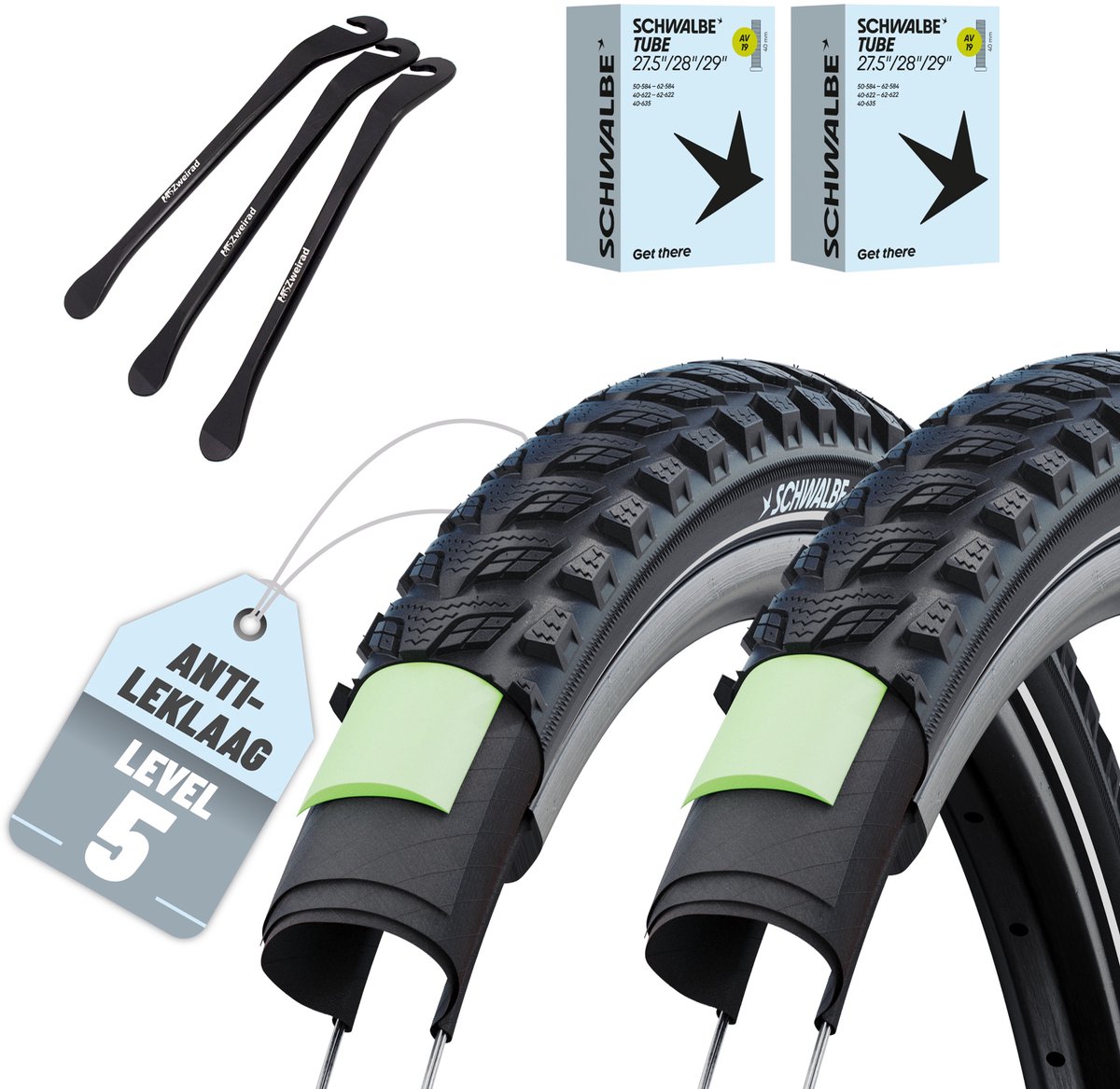 Set van 2 Schwalbe fietsbanden Marathon 365 28 x 1,50 inch (ETRTO 40-622), AV Autoventiel binnenbanden + 3x MSZweirad metalen bandenlichter