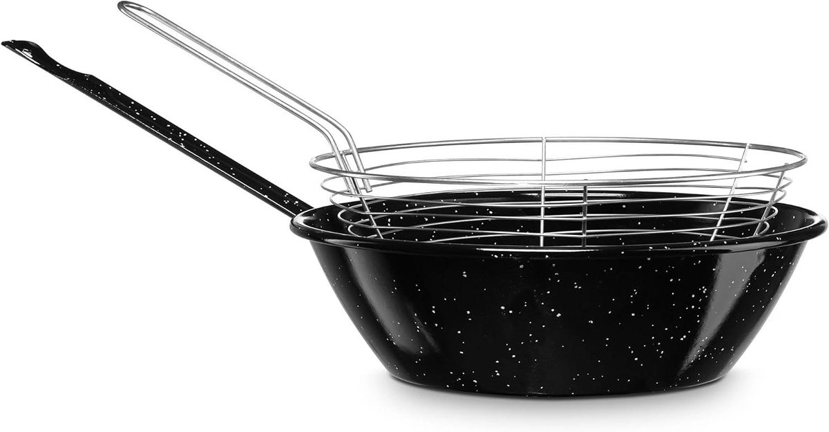 Frituurpan met Mand Friteuse Koekenpan Eten Bereiden Geëmailleerd Staal 22 cm 1.7 Liter Zwart Gemarmerd