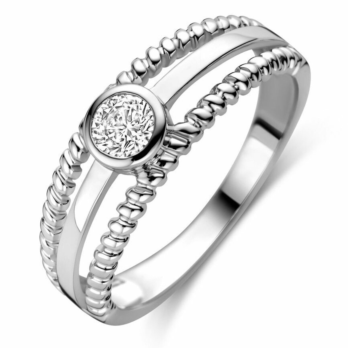 Mbrace 925 Zilveren Damesring met Zirkonia – Elegante Ring van Echt Zilver met Dubbele Band en Ronde Zirkonia– 19mm