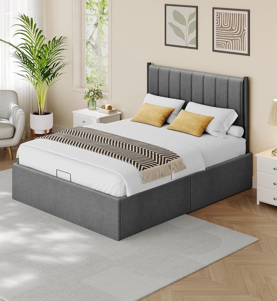 HydraFold Luxe Opbergbed 140x200 cm met Hydraulisch Opklapmechanisme, Hoofdbord met Comfort Foam en Metalen Lattenbodem – Modern Donkergrijs Tweepersoonsbed met Onderbed Opbergruimte