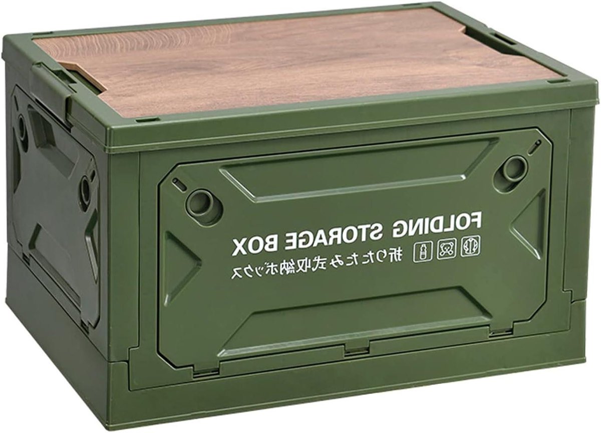 Grote Opbergdoos - Opvouwbare Bak - Buiten Kamperen - Houten Deksel - 49x35x28.5cm - Groen