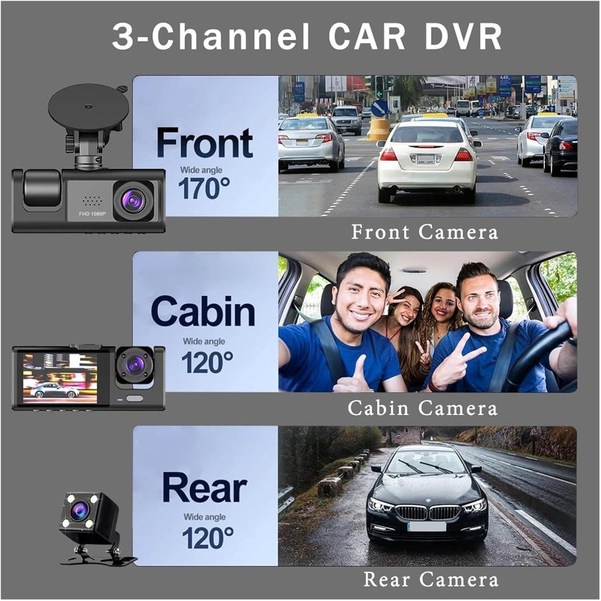 Auto DVR - Dashcam Recorder - Veilig Rijden - Drie Kanalen - 1080P HD - Zwart – foto 4