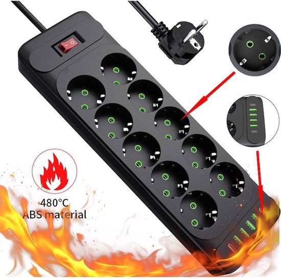 Zwarte stekkerdoos met 10 stopcontacten, 4 USB-poorten, schakelaar, brandbestendig ABS materiaal en 480 graden vuur.