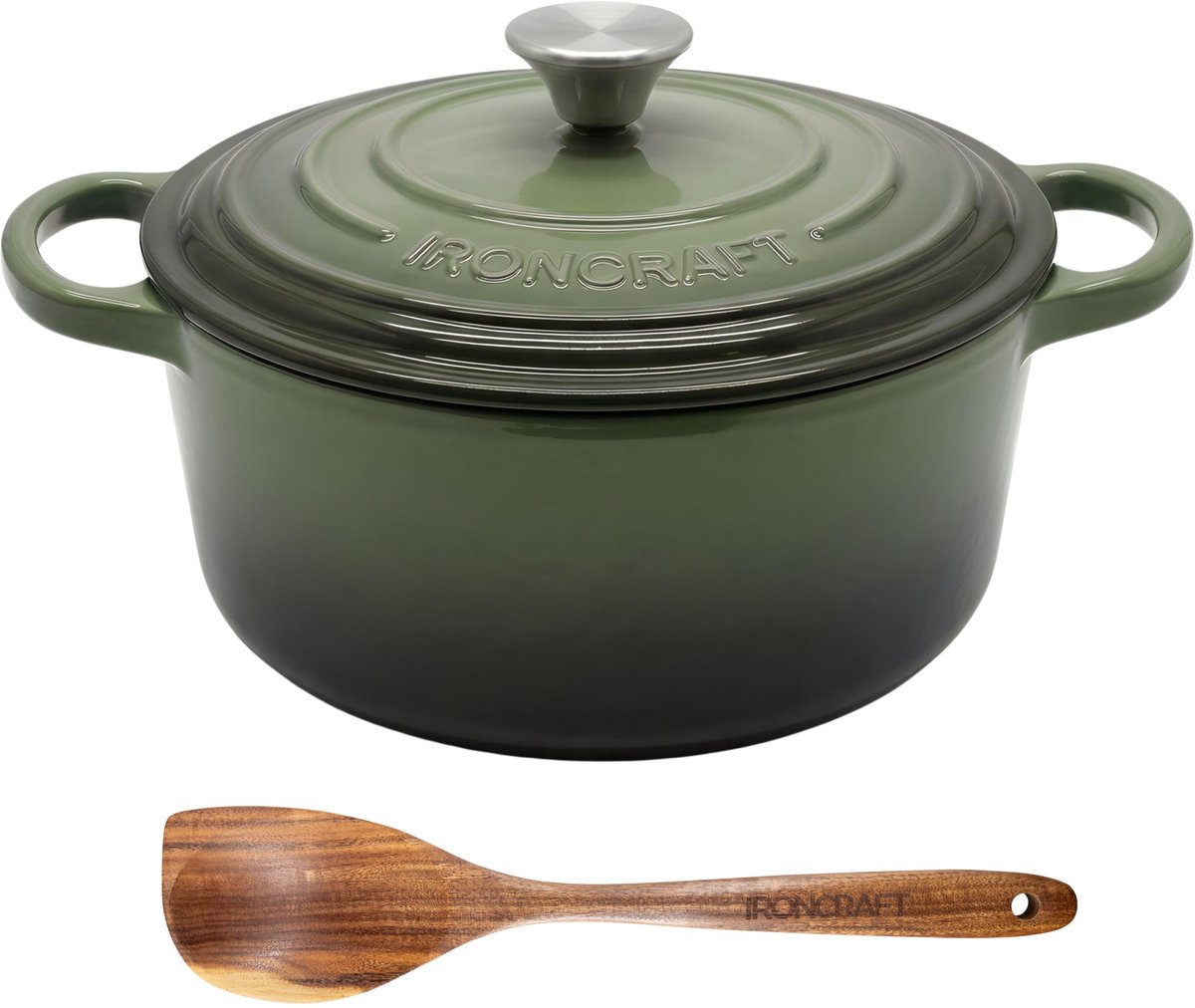 Ozocozy IRONCRAFT Gietijzeren Braadpan 2-4 Personen - 3,5L - Dutch Oven 24 cm - Alle Warmtebronnen incl. Inductie - Groen - Incl. Olijfhouten Kooklepel