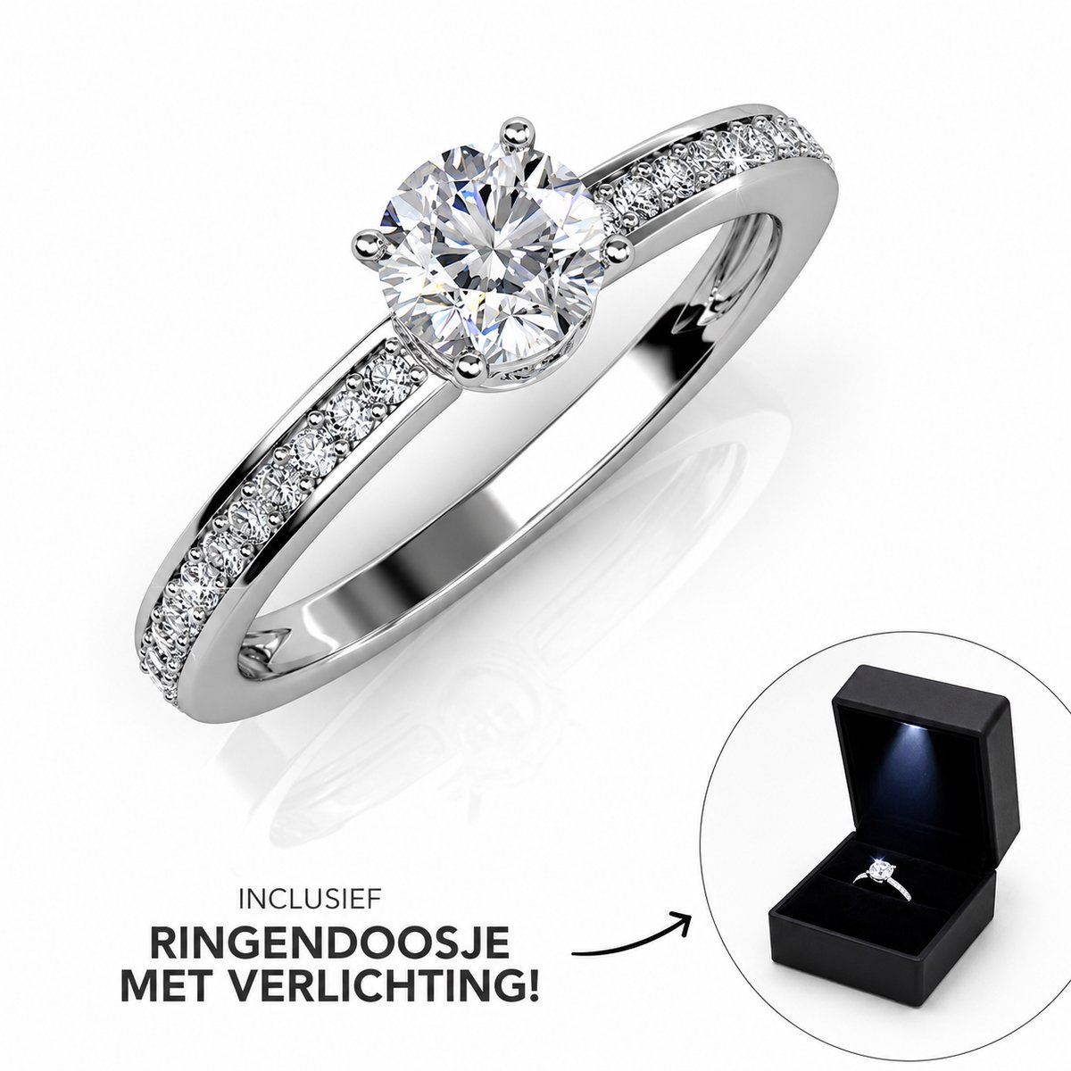 Maison Cécile | Verlovingsring Zilver – Maat 52 – Solitaire Ring met Zirkonia – Incl. Luxe Ringdoosje met LED Verlichting