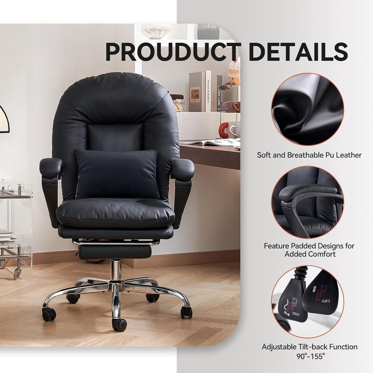 Ergonomische Bureaustoel met Voetensteun – House&Garden Executive Relax Pro – Verstelbare Kantoorstoel van PU Leer – Kantelbaar tot 155° – Draaistoel met Lendenkussen & Wielen – 150 kg Belastbaar – Zwart