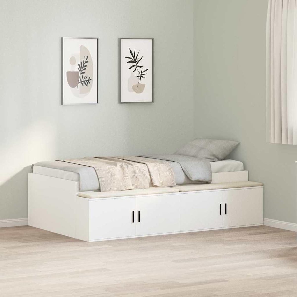 Nordic Storage Bedframe met 2 Opberglades 90x200 cm Wit – Modern Eenpersoonsbed van Hout met Ruime Opbergruimte en Lattenbodem