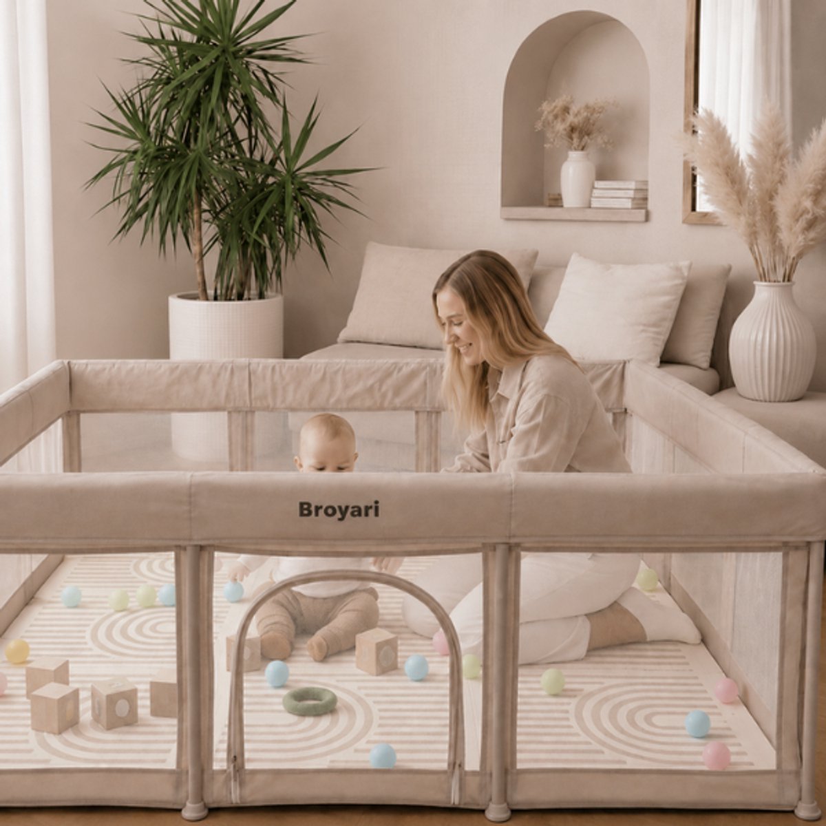 Broyari® Grondbox Baby 120x180 cm – Binnen 2 Seconden Inklapbaar – Inclusief Speelmat & 50 Speelballen – Opvouwbare Baby Speelbox – Kinderbox – Playpen – Beige – foto 8