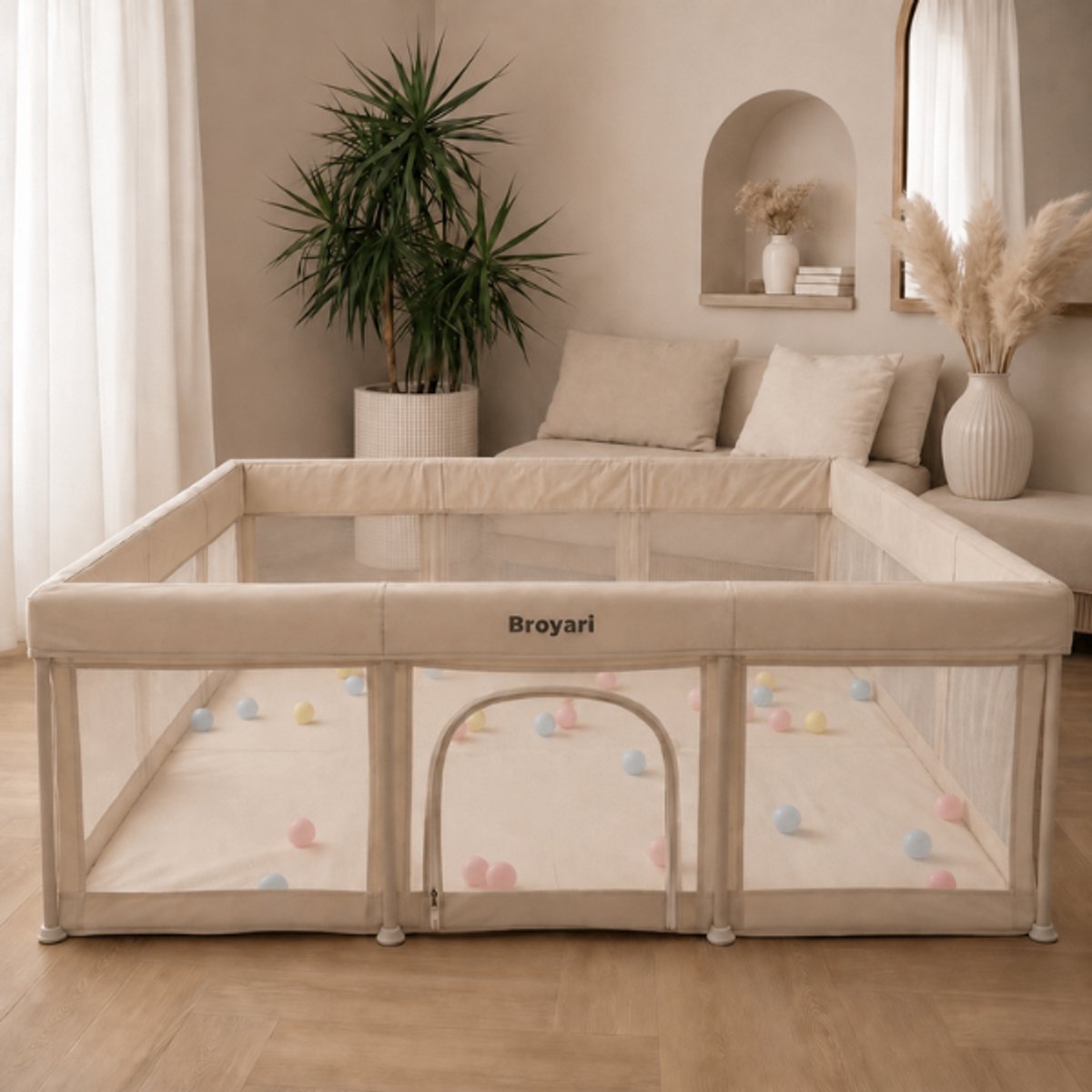 Broyari® Grondbox Baby 120x180 cm – Binnen 2 Seconden Inklapbaar – Inclusief Speelmat & 50 Speelballen – Opvouwbare Baby Speelbox – Kinderbox – Playpen – Beige – foto 7