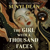 Boekomslag van "The Girl with a Thousand Faces" van Sunyi Dean. Centraal staat een vrouw met bleke huid, gesloten ogen en rode lippen, omringd door goudkleurige en zwarte patronen.