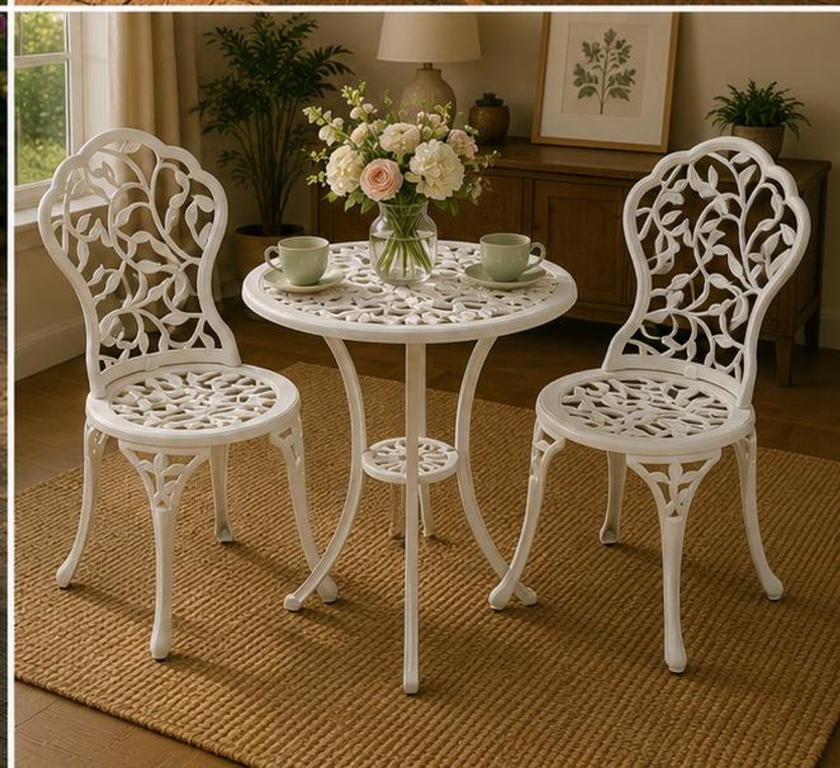 Bistroset Metaal 3-delig – Tuinset met 2 Stoelen en Tafel, Weerbestendige Balkonset voor Tuin, Terras, Balkon en Veranda, Antiek Wit – Mobili Bella