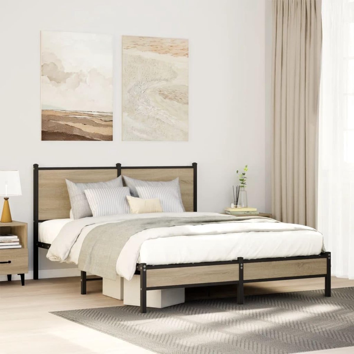 Sonoma Oak Metalen Bedframe met Hoofdbord en Lattenbodem 140x200 cm – Stevig Tweepersoonsbed met Opbergruimte en Stalen Constructie