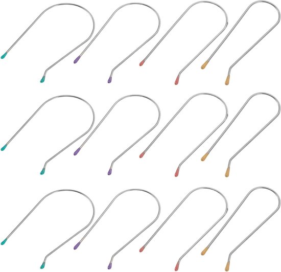 Set van 12 zilverkleurige U-vormige haarclips met tips in blauw, paars, roze en goud.
