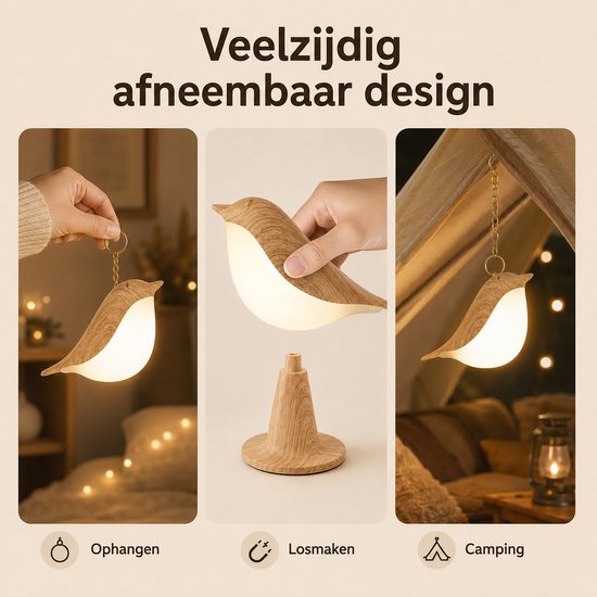 Rosnek 2 Stuks Draagbaar Vogel Nachtlampje Kinderkamer - Oplaadbare LED Tafellamp met Aanraaksensor - 3 Lichtstanden - Snoerloos - Kleur: Houtnerf — afbeelding 2