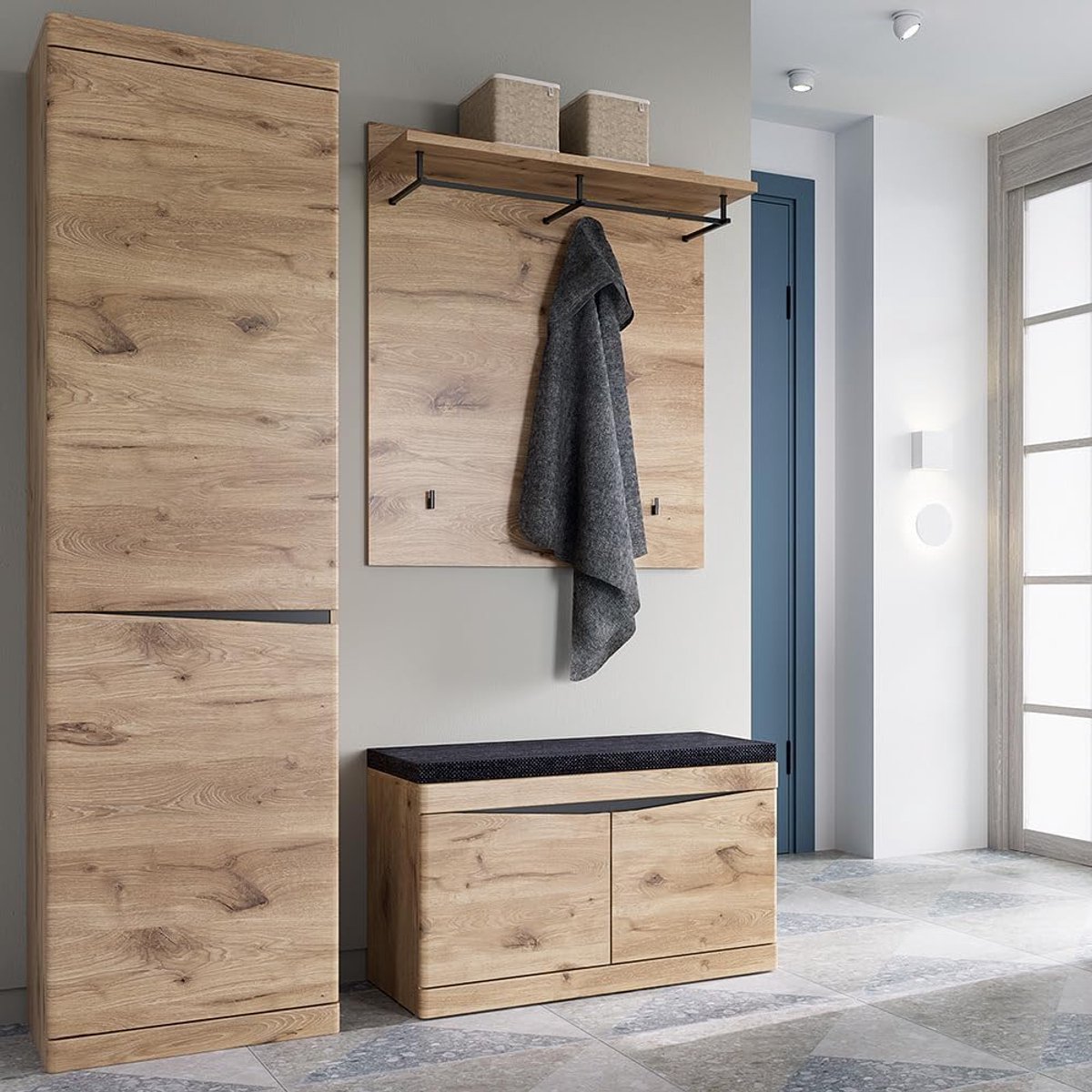 Garderobeset Hal 3-Delig met Schoenenkast, Hoge Kast, Kapstokpaneel en Zitkussen - 153 x 39,9 x 196 cm - Eikenlook Modern Halmeubel met Opbergruimte en Kledingstang - Mobili Bella