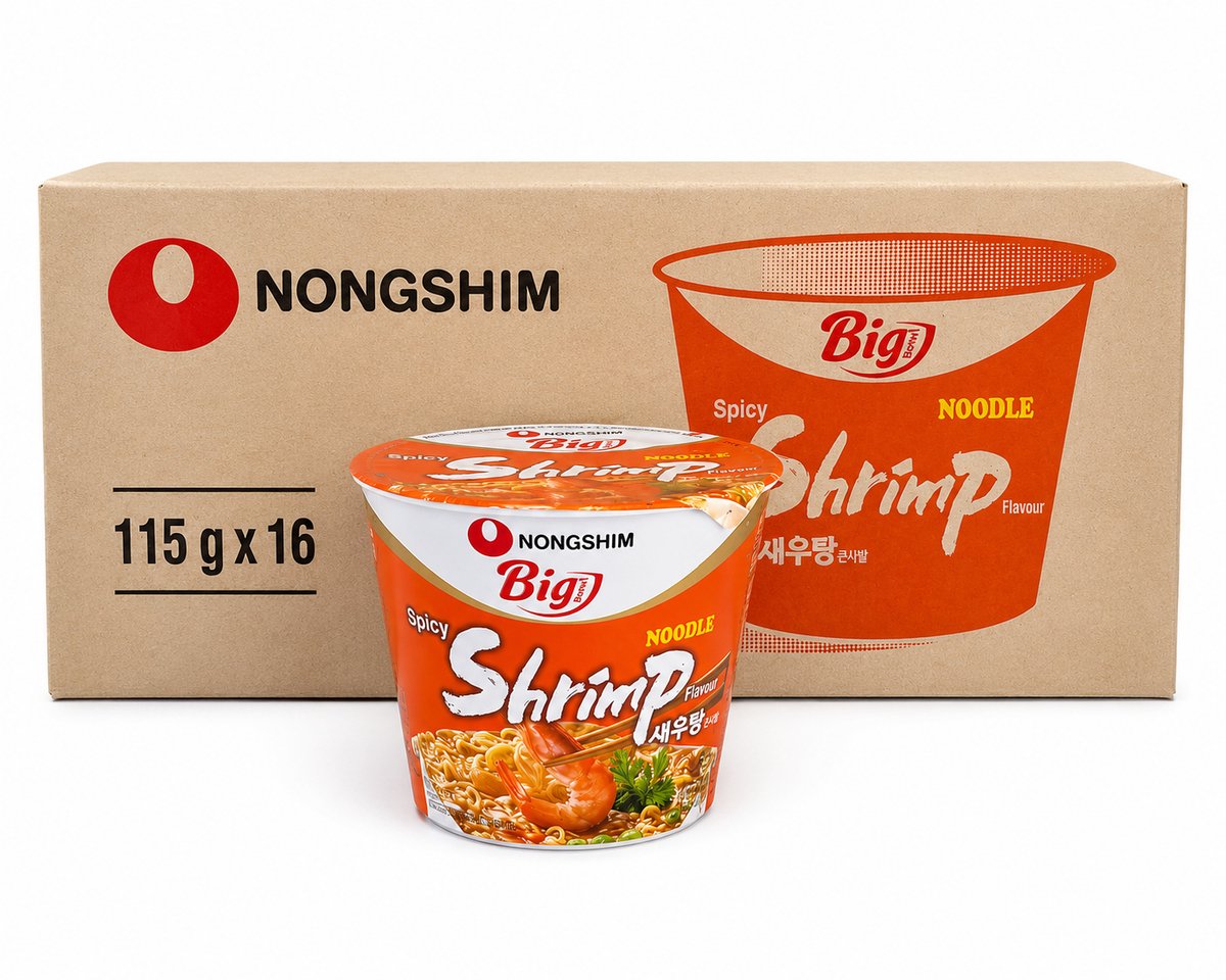 Nongshim Big Bowl Shrimp Noodle Soup 16 x 115g – Pittige Koreaanse Instant Noedelsoep met Garnalensmaak