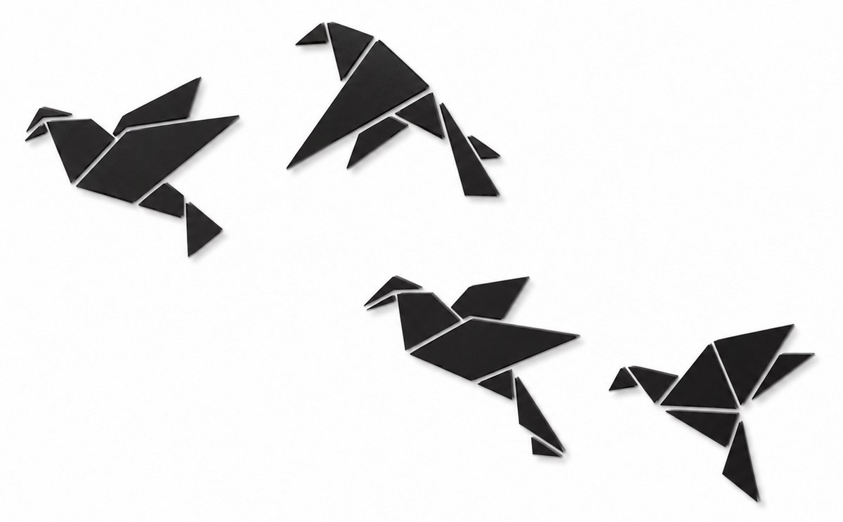 Houten wanddecoratie - Wooden wall decoration | Vogels 36 x 30cm (per vogel/bird) Birds (x4) | Zwart - Black | Geometrische muurdecoratie - Geometric wall art - Origami Design Wandfiguur - Echt Hout - Real Wood