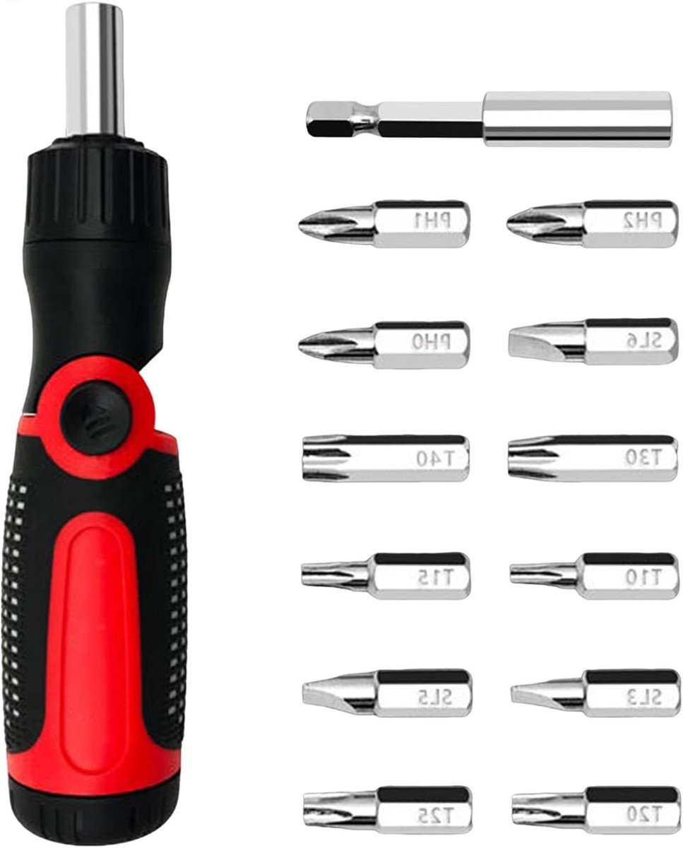 Ratel Schroevendraaier - Multitool Set - Klusjes Uitvoeren - 14 Verwisselbare Bits - 22.5 cm Lengte - Grijs