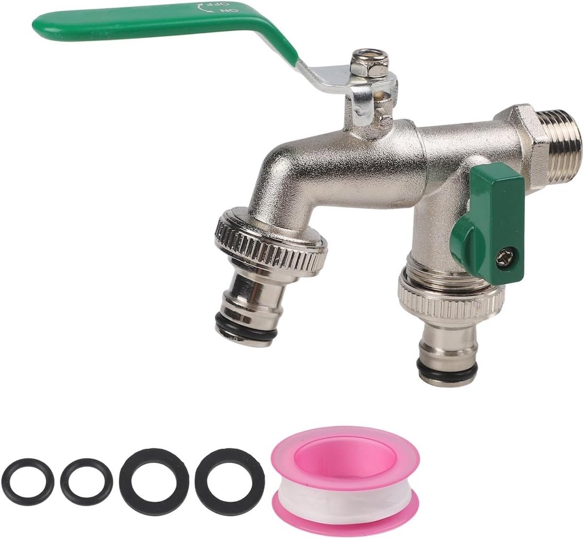 Dubbele waterkraan - Messing tuinslangaansluiting met dubbele uitgang - met 3/4 inch inlaat - geschikt voor tuinkranen, wasmachines, sproeiers en regenemmers - Groen