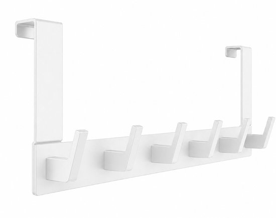 Detail van een wit deurophangsysteem met 6 schuine haken, geïsoleerd op een witte achtergrond.