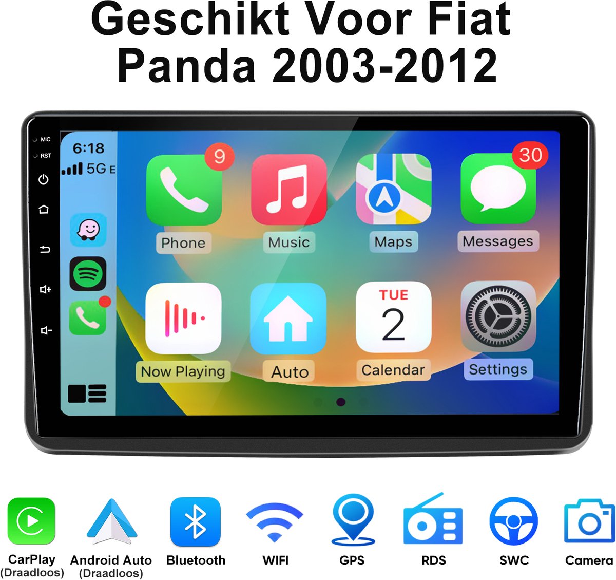 Junsun Autoradio - Geschikt Voor Fiat Panda 2003-2012 Accessoires- Android 15 - Draadloos CarPlay & Android Auto - 9 inch HD Touchscreen - Bluetooth -GPS-navigatiesysteem, 4GB+64GB, WIFI & FM & RDS & DSP, Stuurwielbediening, DAB+, Octa-core processor