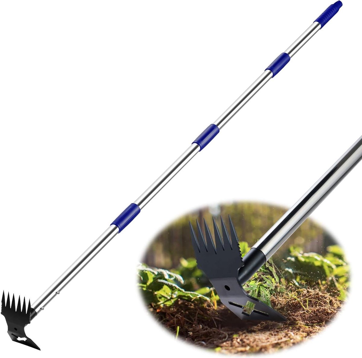 Onkruidtrekker Lange Steel - Onkruidverwijderaar Tuin - Onkruid Wieden - 2-in-1 Hark en Schoffel - 152 cm - Blauw