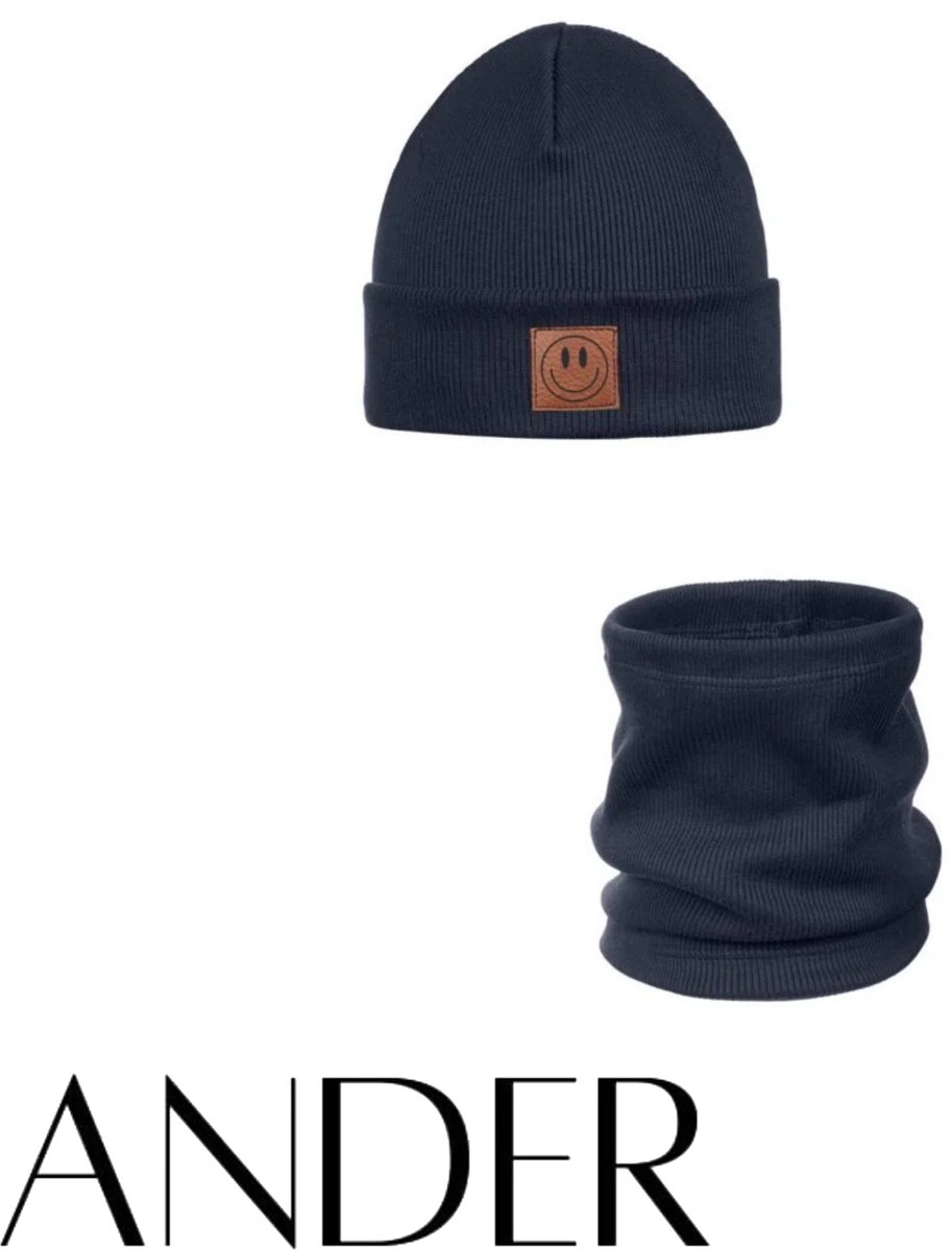 ANDER™ Kinder Muts beanie & Colsjaal Set - Katoen Comfort - Navi blauw maat 52-56