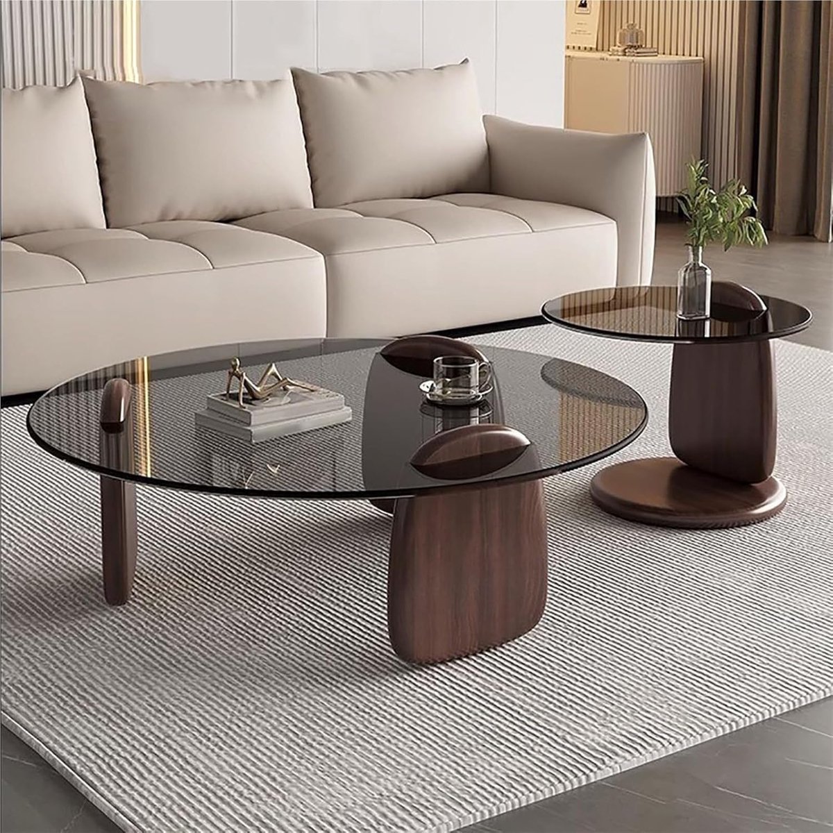 Salontafel Set van 2 Rond Glas 70/50 x 45 cm – Nesttafels met Zwart Frame en Houten Accenten – Moderne Woonkamertafel & Bijzettafel – Stapelbare Coffee Tables voor Woonkamer, Kantoor en Balkon – Mobili Bella